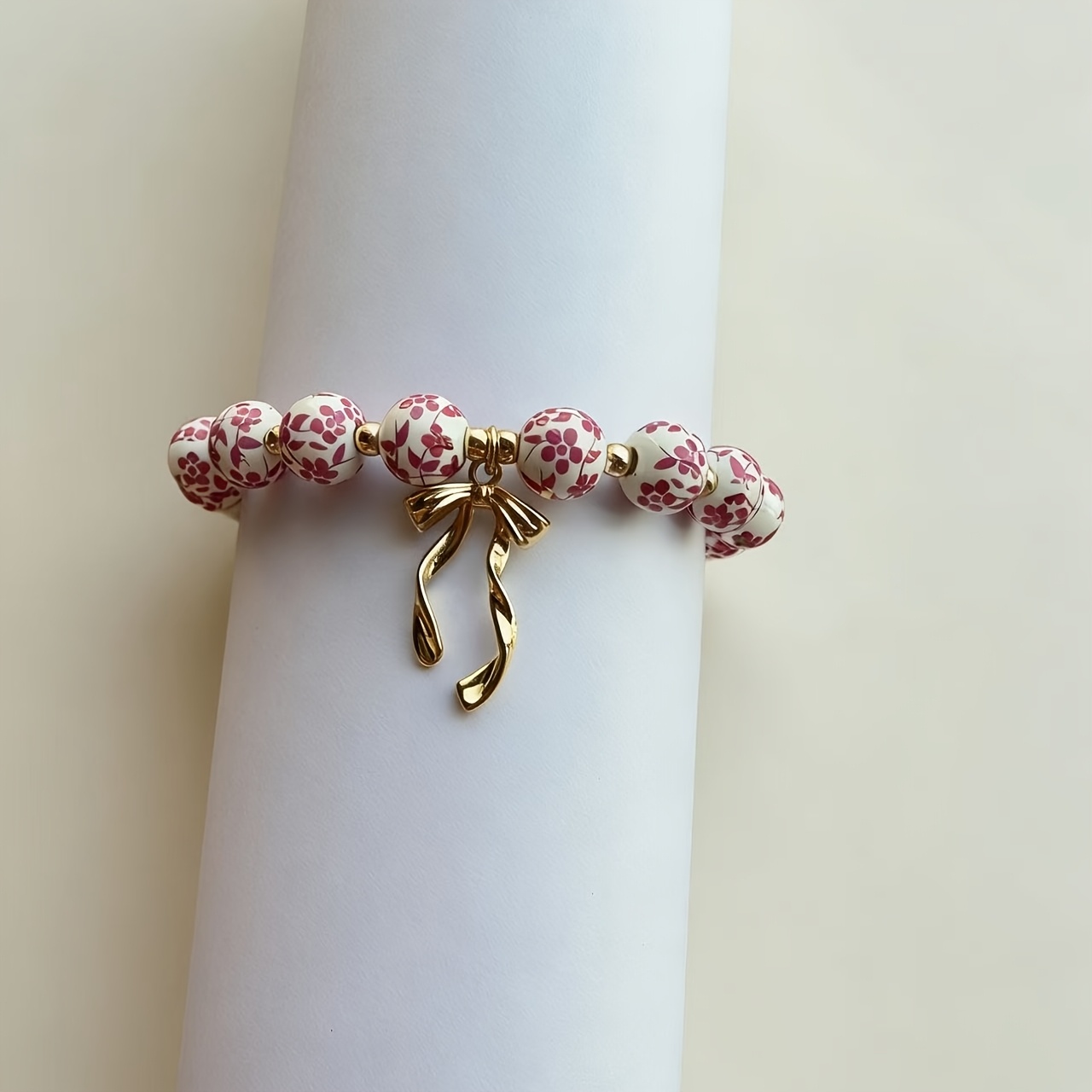Floral Bead Bracelet with Cross Pendant, Retro Style